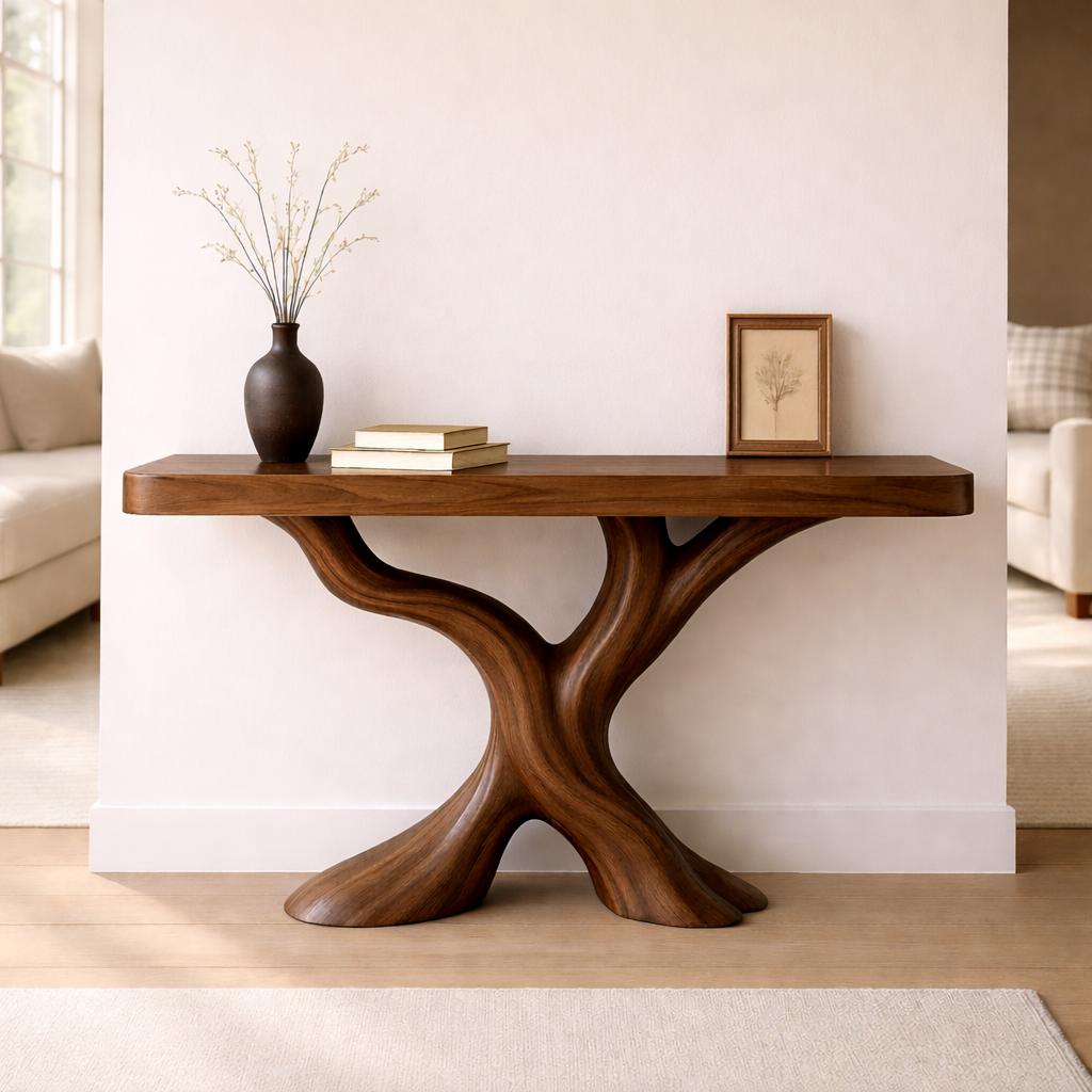 Organic Solid Wood Console Table, Sculptural Tree Base Entryway Hallway Furniture Kitchnce