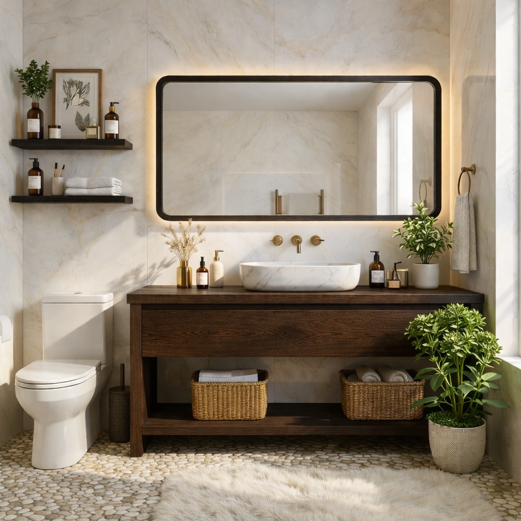 Elegant Oak Bathroom Vanity with Marble Sink & Open Shelves, Modern Design Kitchnce