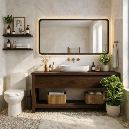 Elegant Oak Bathroom Vanity with Marble Sink & Open Shelves, Modern Design Kitchnce