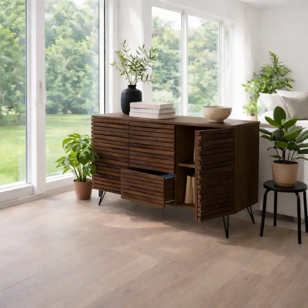 Modern Solid Wood Slatted Console Table with Storage Cabinet & Drawers Kitchnce