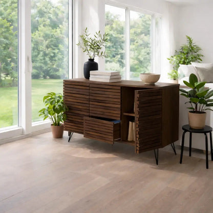 Modern Solid Wood Slatted Console Table with Storage Cabinet & Drawers Kitchnce