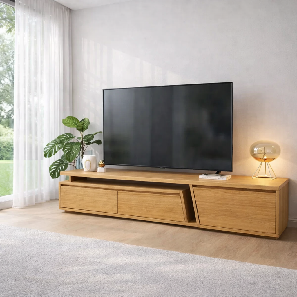 Modern Solid Wood TV Console with Drawers & Storage – Low Media Stand