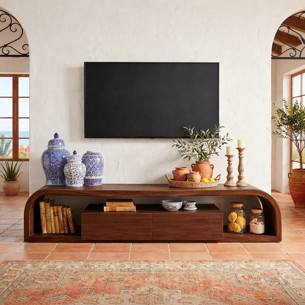 Curved Solid Wood Media Console with Storage – Modern Low TV Stand