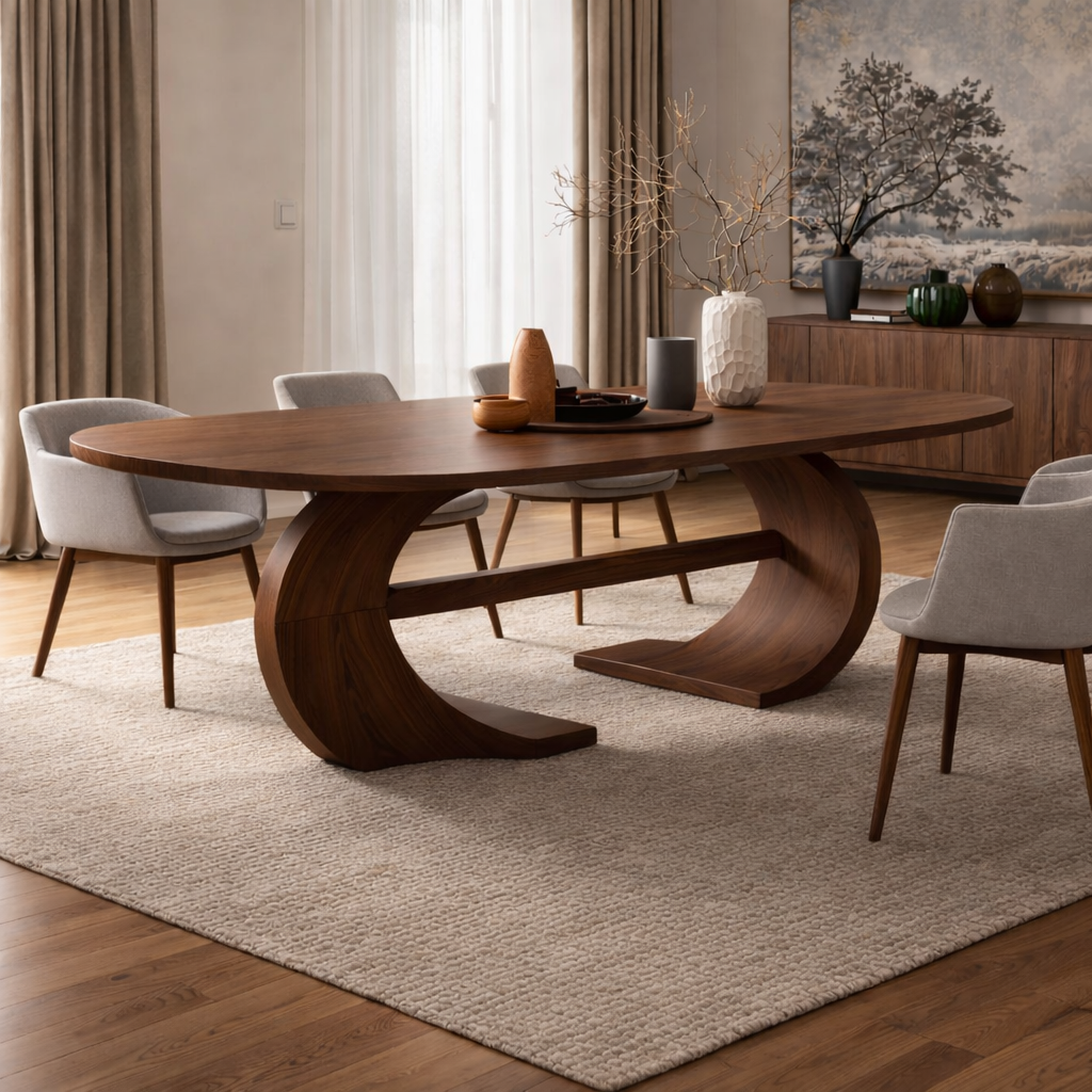 Modern Oval Dining Table Sculptural Curved Base Large Dining Table for Elegant Home
