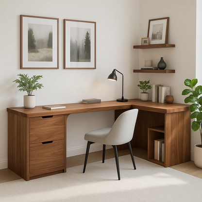 Modern L-Shaped Walnut Desk with Storage Drawer – Minimalist Corner Workspace