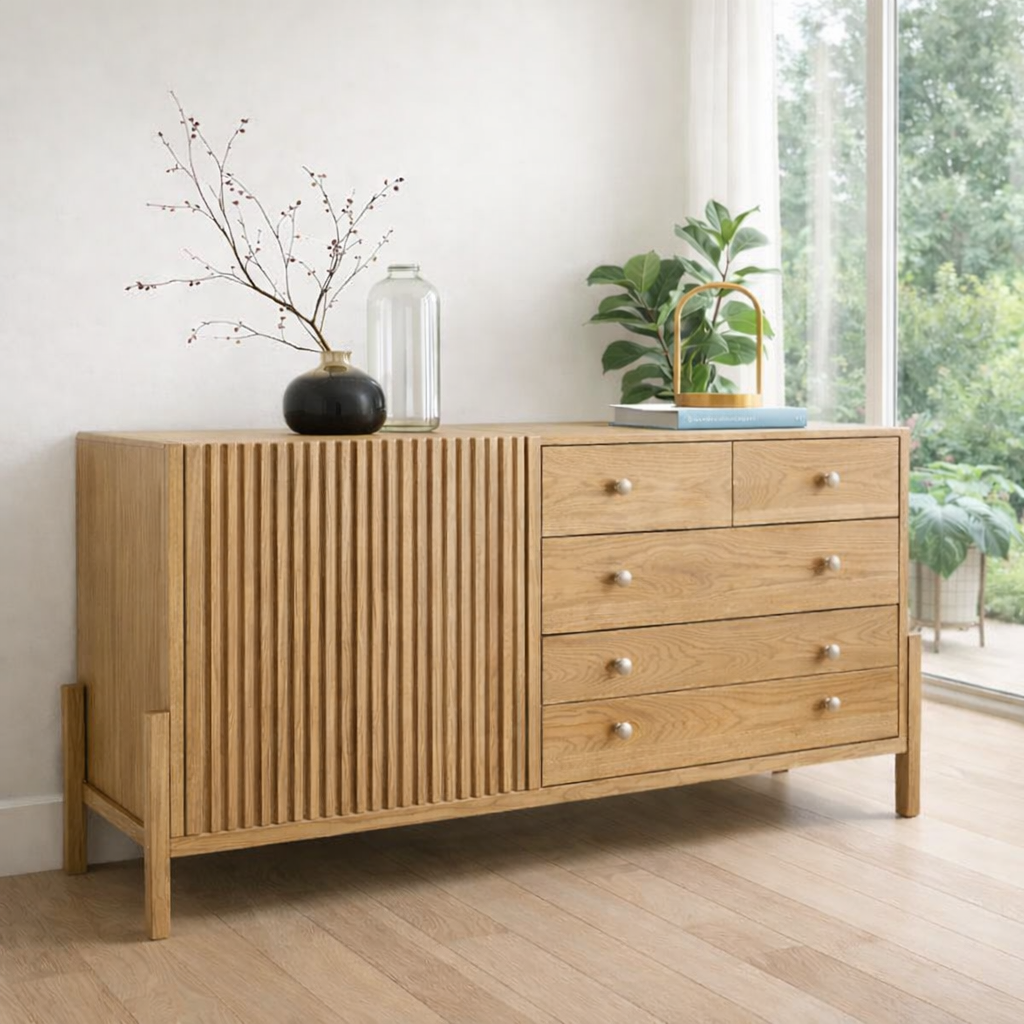 Fluted Panel Sideboard Cabinet with 4 Drawers – Contemporary Storage Console