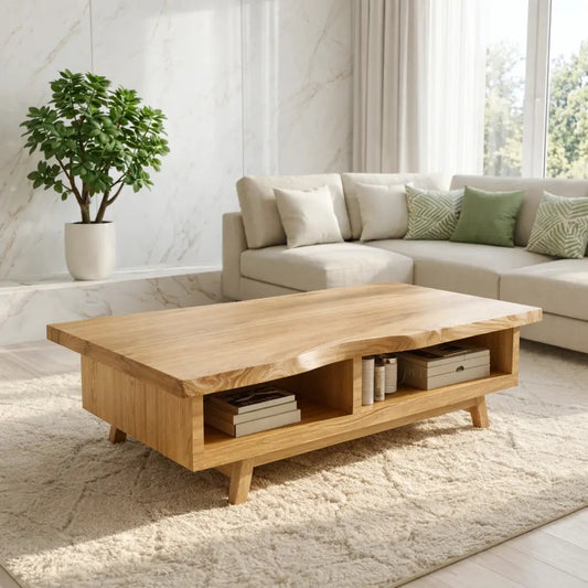 Handcrafted Walnut Coffee Table with Storage, Natural Wood Living Room Furniture Kitchnce