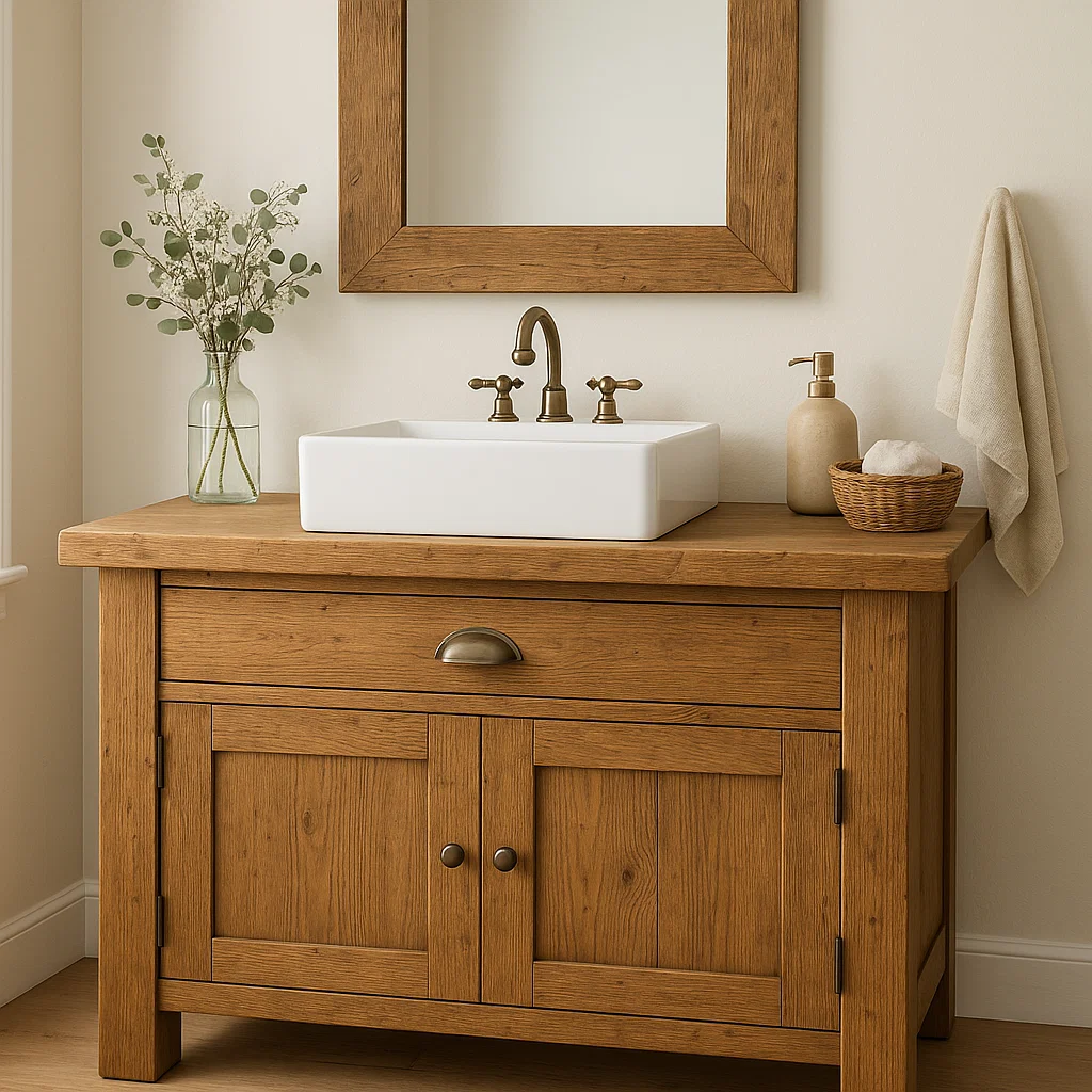 Handcrafted Solid Wood Bathroom Vanity – Rustic Farmhouse Base with Drawer and Double Door Cabinet Kitchnce