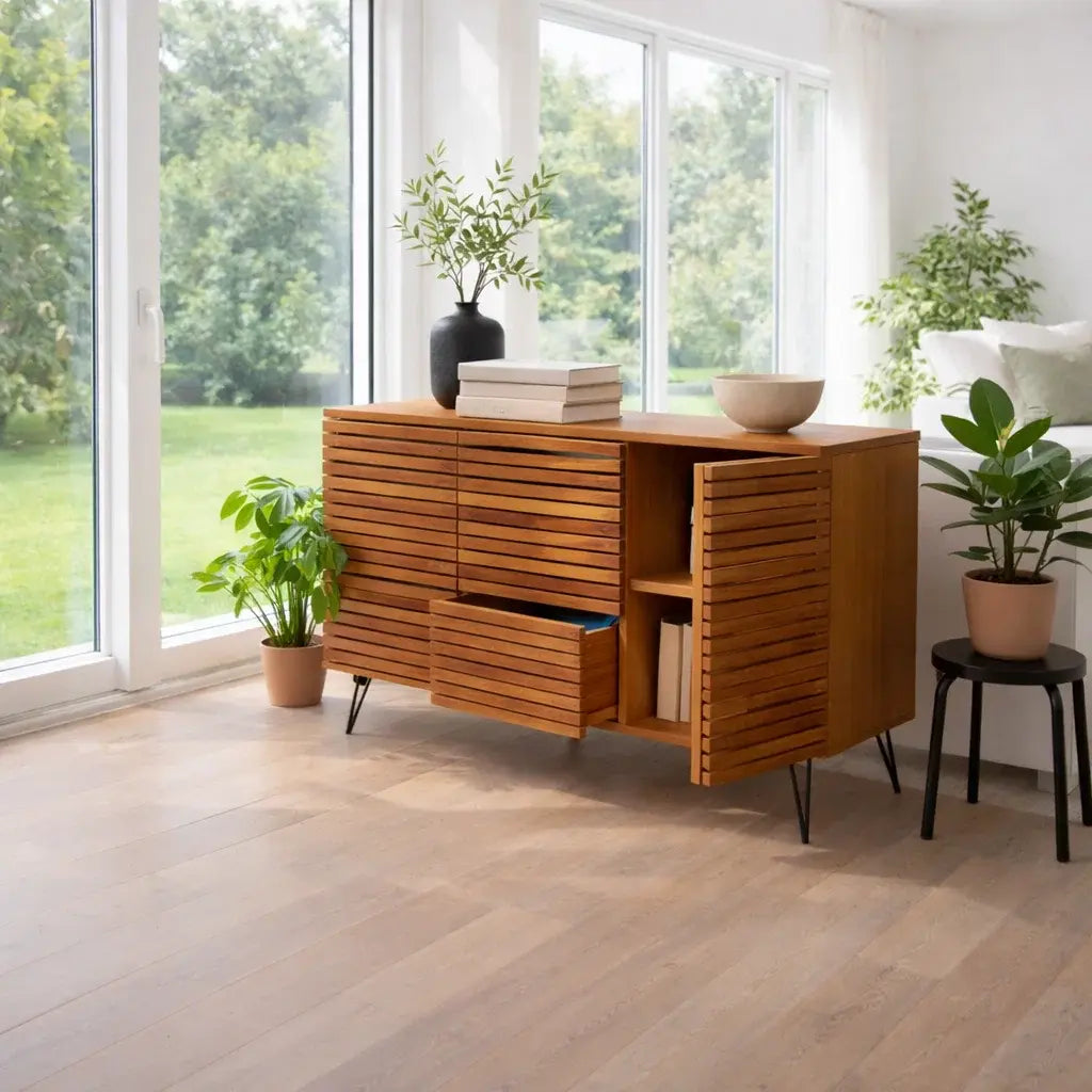 Modern Solid Wood Slatted Console Table with Storage Cabinet & Drawers Kitchnce