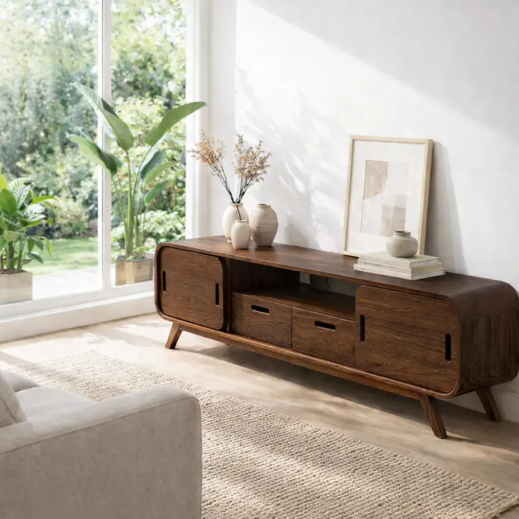 Solid Wood Modern Console Table with Sliding Doors and Open Storage Kitchnce