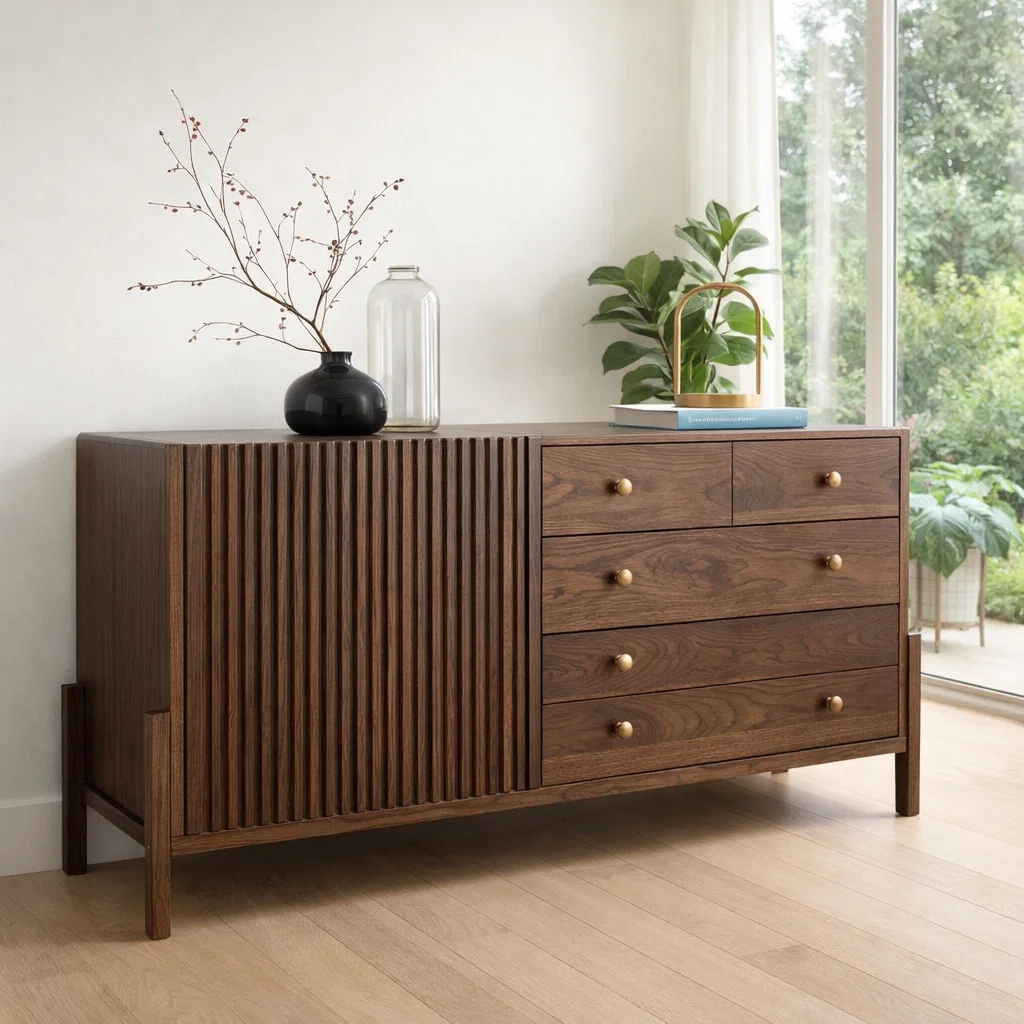 Fluted Panel Sideboard Cabinet with 4 Drawers – Contemporary Storage Console