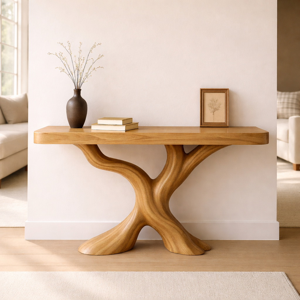 Organic Solid Wood Console Table, Sculptural Tree Base Entryway Hallway Furniture Kitchnce