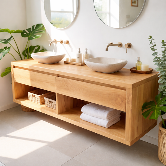 Modern Double Sink Floating Vanity with Wooden Design and Open Shelves Kitchnce