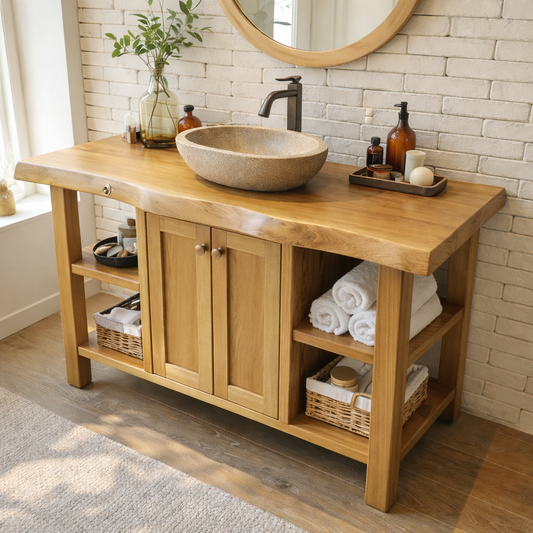 Rustic Solid Wood Bathroom Vanity Cabinet With Doors And Open Shelves Kitchnce