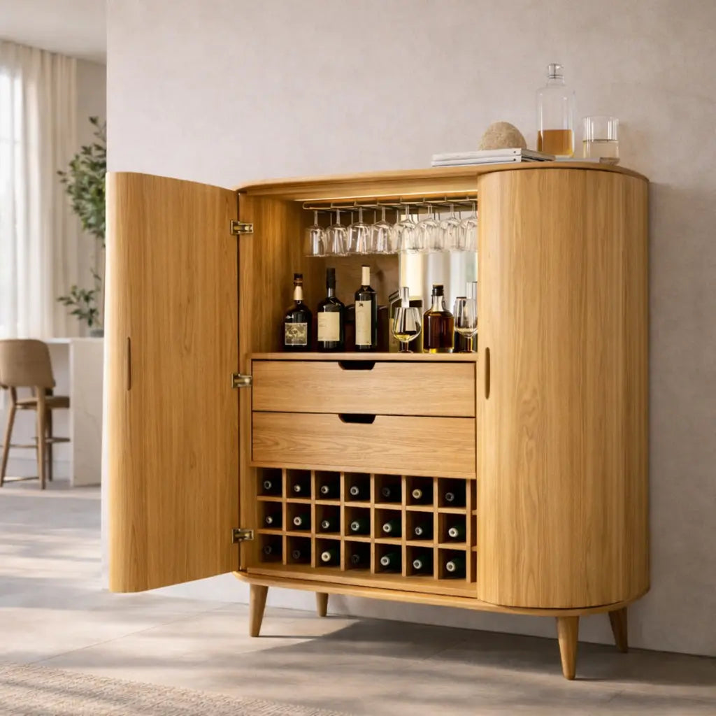 Solid Wood Bar Cabinet with Wine Rack, Glass Holder & Drawers – Modern Home Liquor Storage Kitchnce