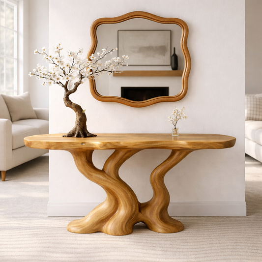 Sculptural Solid Wood Console Table, Organic Tree Root Base Entryway Hallway Furniture
