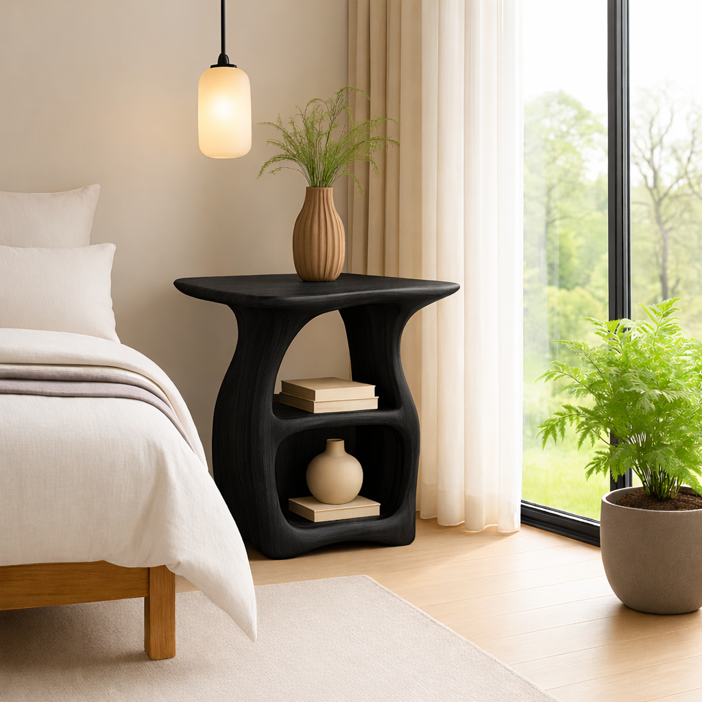 Contemporary Oak Nightstand with Unique Curved Shelves - Minimalist Design Kitchnce