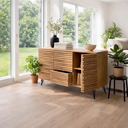 Modern Solid Wood Slatted Console Table with Storage Cabinet & Drawers Kitchnce