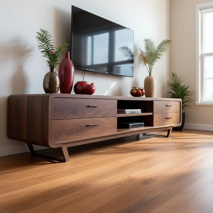 Solid Wood TV Stand Walnut Mid Century Modern Media Console with Storage