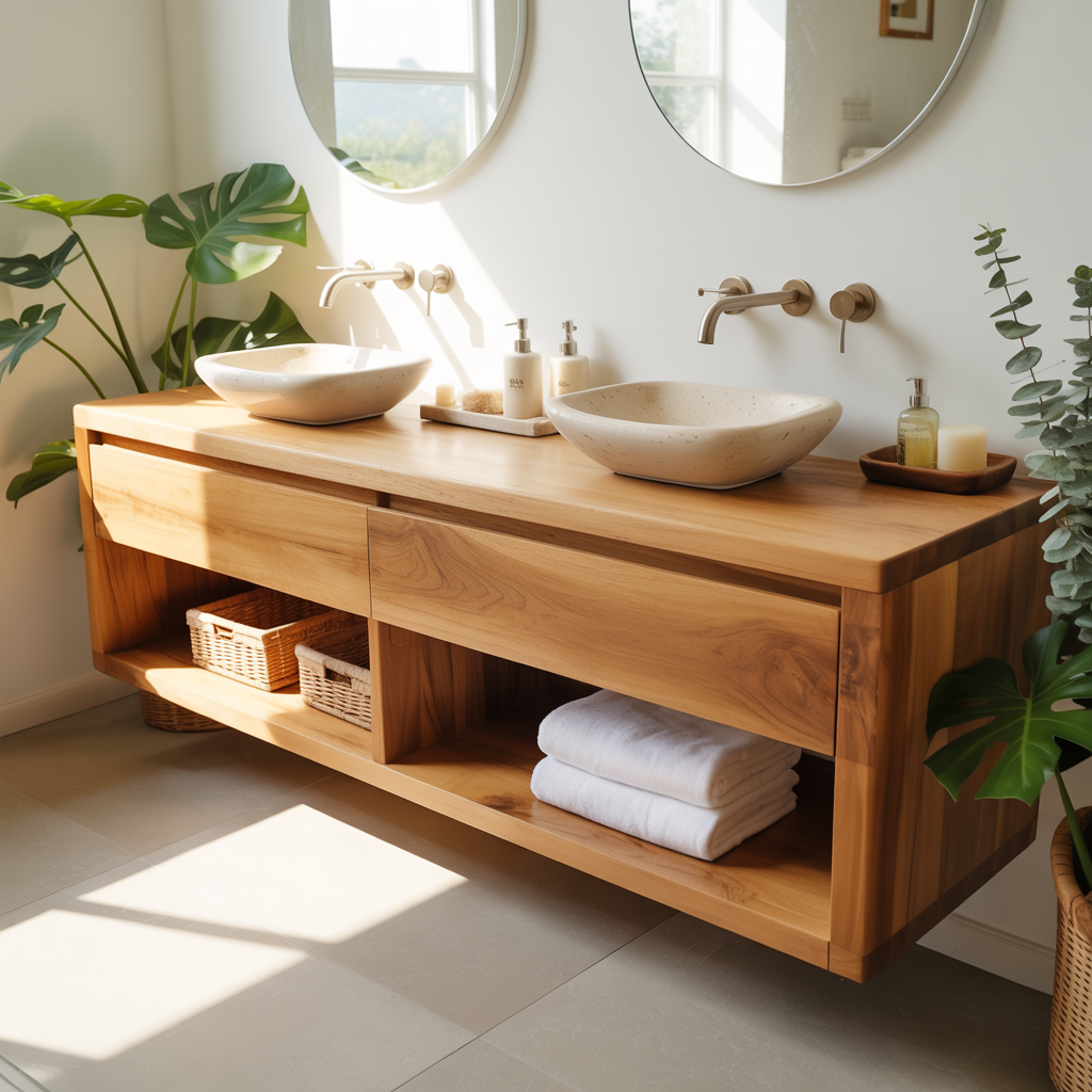 Modern Double Sink Floating Vanity with Wooden Design and Open Shelves Kitchnce