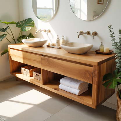 Modern Double Sink Floating Vanity with Wooden Design and Open Shelves Kitchnce