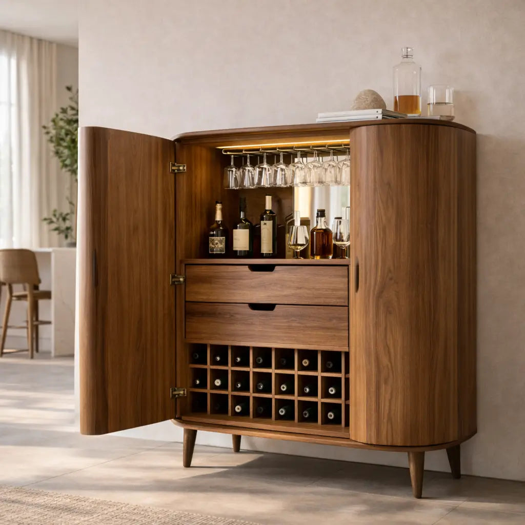 Solid Wood Bar Cabinet with Wine Rack, Glass Holder & Drawers – Modern Home Liquor Storage Kitchnce