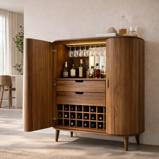 Solid Wood Bar Cabinet with Wine Rack, Glass Holder & Drawers – Modern Home Liquor Storage Kitchnce