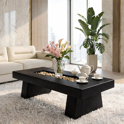 Rustic Wooden Coffee Table with Stone Inlay, Handmade Living Room Furniture Kitchnce