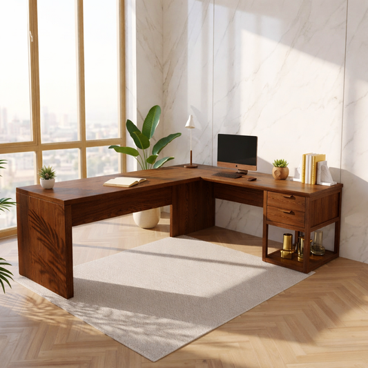 Modern L Shaped Desk with Drawers Home Office Corner Workstation Minimal Design Table