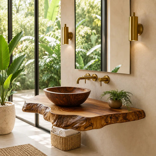 Double Live Edge Floating Vanity Shelf | Solid Wood Honey Bathroom Counter Kitchnce