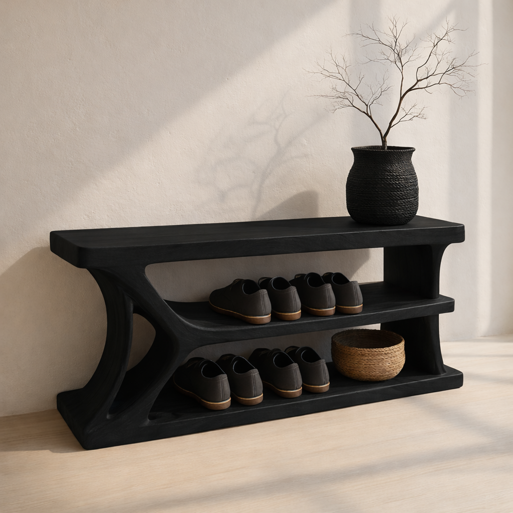 Modern Solid Wood Shoe Storage Bench – Entryway Wooden Bench with Open Shelves Kitchnce