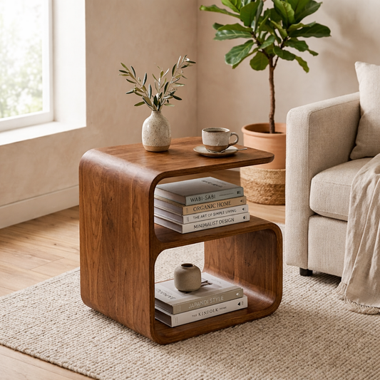 Solid Wood End Table with Open Shelf – Modern Curved Side Table