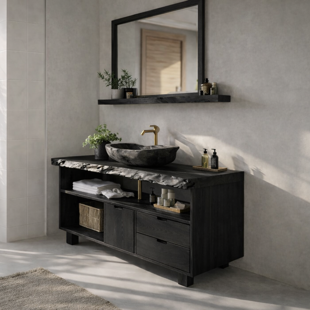 Solid Wood Bathroom Vanity Cabinet with Shelf Storage – Modern Rustic Vanity (No Sink)