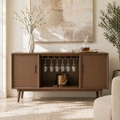 Mid Century Modern Bar Cabinet Liquor Storage Console With Glass Rack Doors
