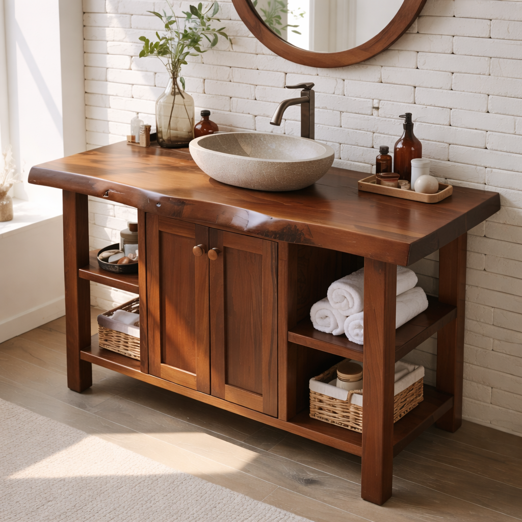 Rustic Solid Wood Bathroom Vanity Cabinet With Doors And Open Shelves Kitchnce