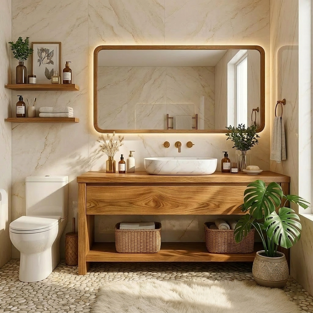 Elegant Oak Bathroom Vanity with Marble Sink & Open Shelves, Modern Design