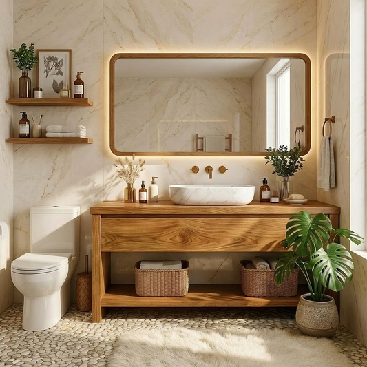 Elegant Oak Bathroom Vanity with Marble Sink & Open Shelves, Modern Design Kitchnce