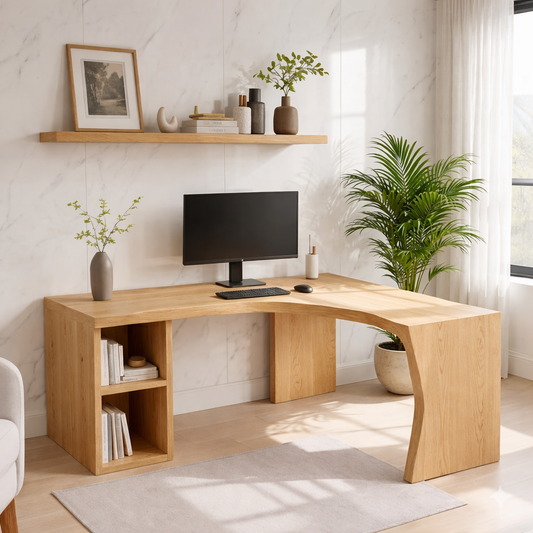 Modern L-Shaped Solid Wood Desk with Live Edge Corner Design – Walnut Home Office Workstation