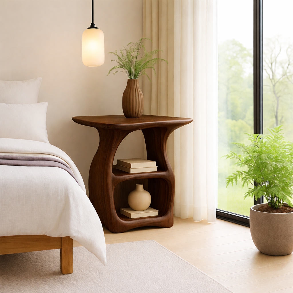 Contemporary Oak Nightstand with Unique Curved Shelves - Minimalist Design Kitchnce