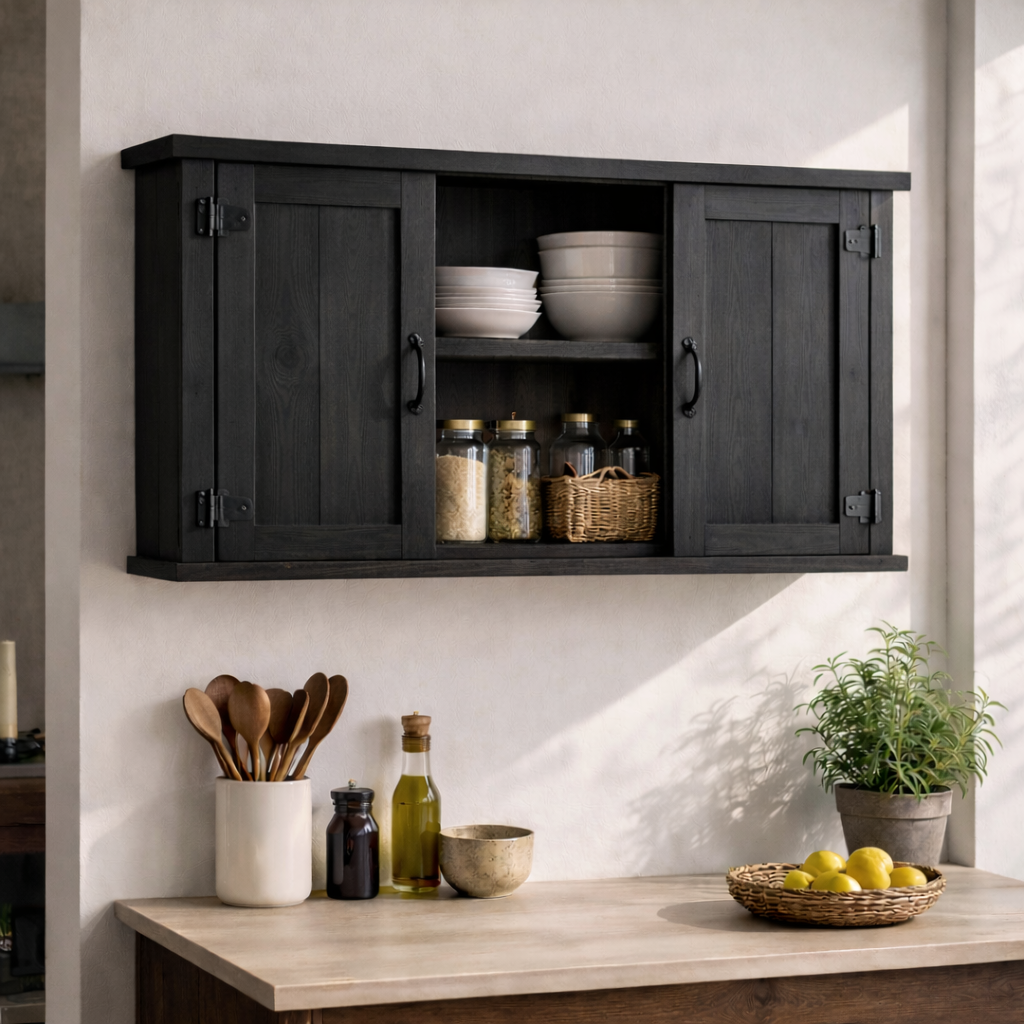 Rustic Wooden Kitchen Cabinet with Double Doors | Wall-Mounted Storage