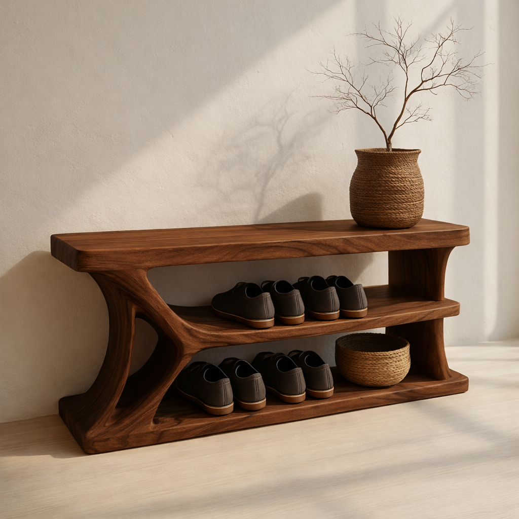 Modern Solid Wood Shoe Storage Bench – Entryway Wooden Bench with Open Shelves Kitchnce