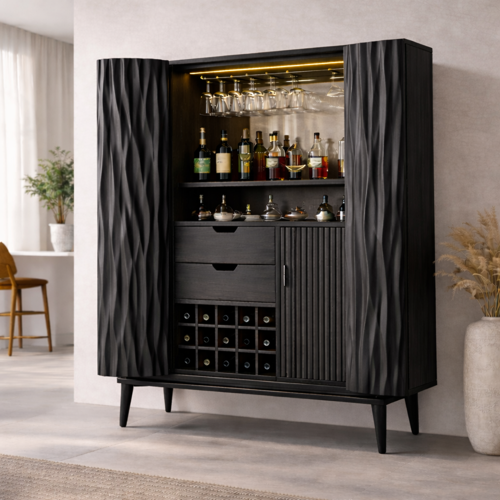 Solid Wood Bar Cabinet with Carved Doors, Wine Rack & Glass Holder – Modern Home Bar Storage