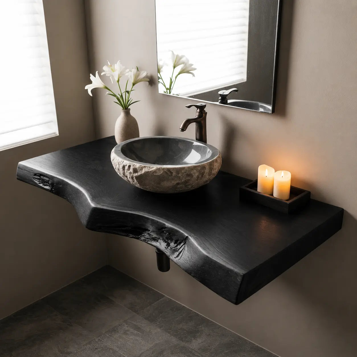 Sapwood Live Edge Vanity Shelf | Two-Tone Solid Wood Floating Bathroom Kitchnce