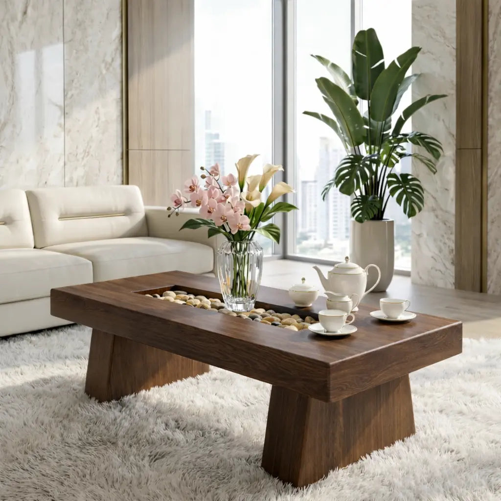 Rustic Wooden Coffee Table with Stone Inlay, Handmade Living Room Furniture Kitchnce