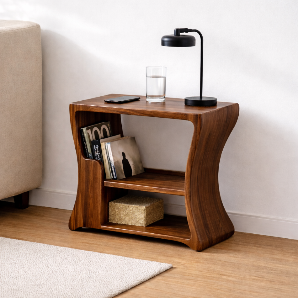 Solid Wood End Table with Storage Shelves – Modern Side Table for Living Room Kitchnce