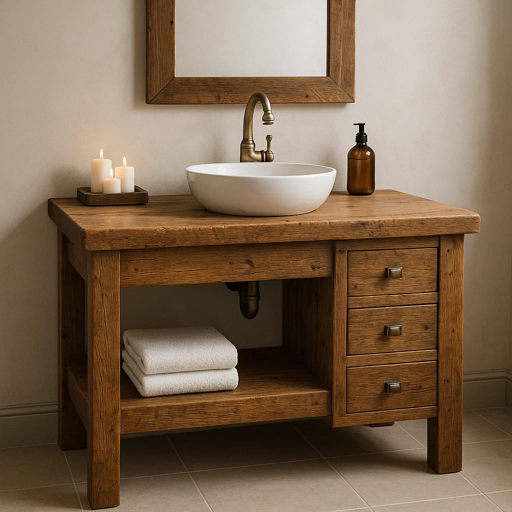 Handcrafted Solid Wood Bathroom Vanity – Rustic Base with Side Drawers and Open Shelf Kitchnce