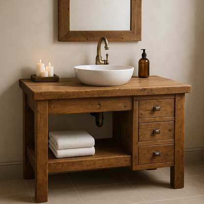 Handcrafted Solid Wood Bathroom Vanity – Rustic Base with Side Drawers and Open Shelf Kitchnce