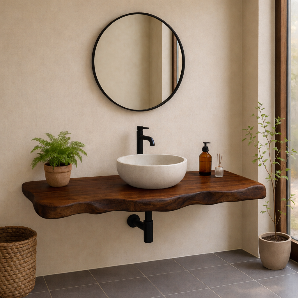 Live Edge Solid Wood Floating Bathroom Vanity – Wall Mounted Rustic Vanity Top