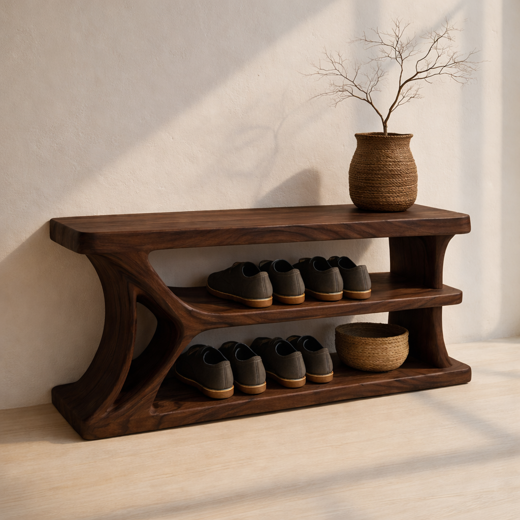 Modern Solid Wood Shoe Storage Bench – Entryway Wooden Bench with Open Shelves Kitchnce