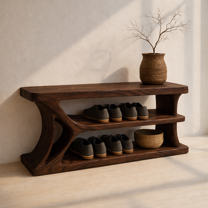 Modern Solid Wood Shoe Storage Bench – Entryway Wooden Bench with Open Shelves Kitchnce